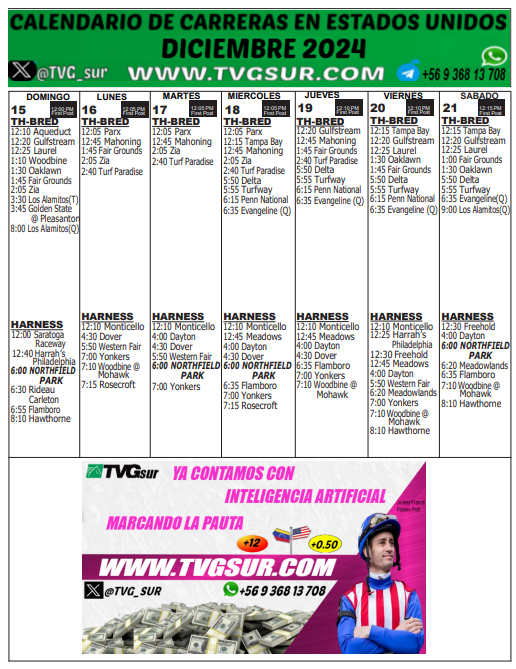 #BestBet
Calendario de carreras en Estados Unidos
Diciembre de 2024. 
Cortesía de TVGSUR.COM 
Ahí lo podrás descargar cualquier dia.
o clic aquí cutt.ly/ewOBX1re Y descárguelo.

Únete a nuestro grupo t.me/tvgsur 
#Hipismo  

Dale RT.