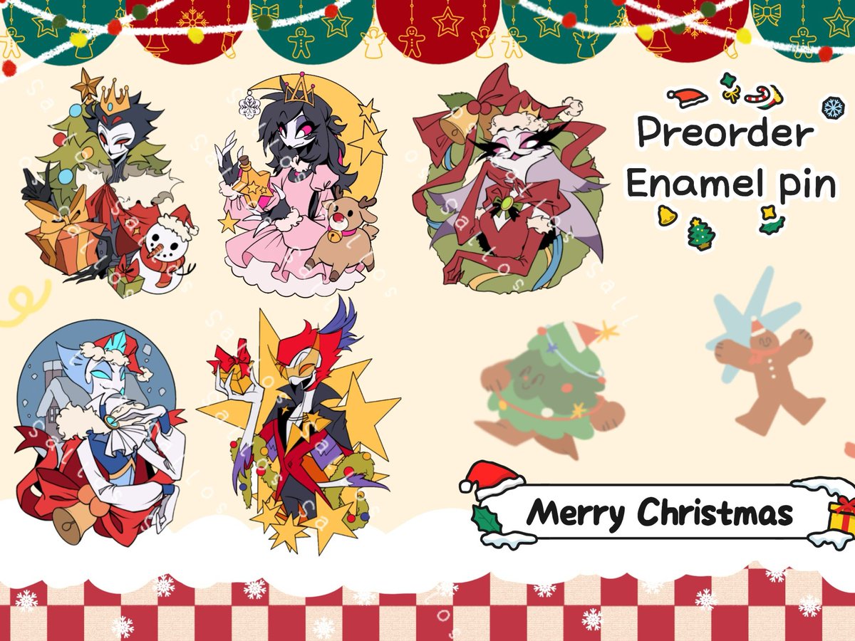 Moroyii's tweet photo. PRE-ORDER Helluva Boss Goetia Family
Christmas Series
PIN
—Size：6cm
—Hard enamel with glitter ,UV
—price:  25$

Standee
—Size：15x10 cm
— price:  13$
The link 🔗 is below.
#HelluvaBoss #HelluvaBossStolas #HelluvaBossVassago #HelluvaBossAndrealphus 
#HelluvaBossStella 
#HelluvaBossOctavia