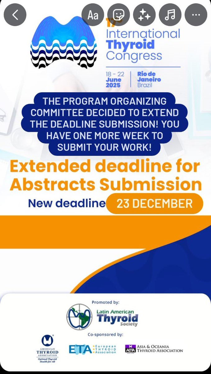 ETA_Thyroid's tweet photo. New deadline for abstracts submissions extended to 23 December.

It is a great opportunity to present your work at the ITC 2015.

Submissions via https://t.co/CyYFnbcL0C

#ITC2025 #ThyroidResearch #thyroid #abstracts #thyroidcongress

@LATS_Society @AmThyroidAssn @ITC2025 https://t.co/0s3mMa0IKL