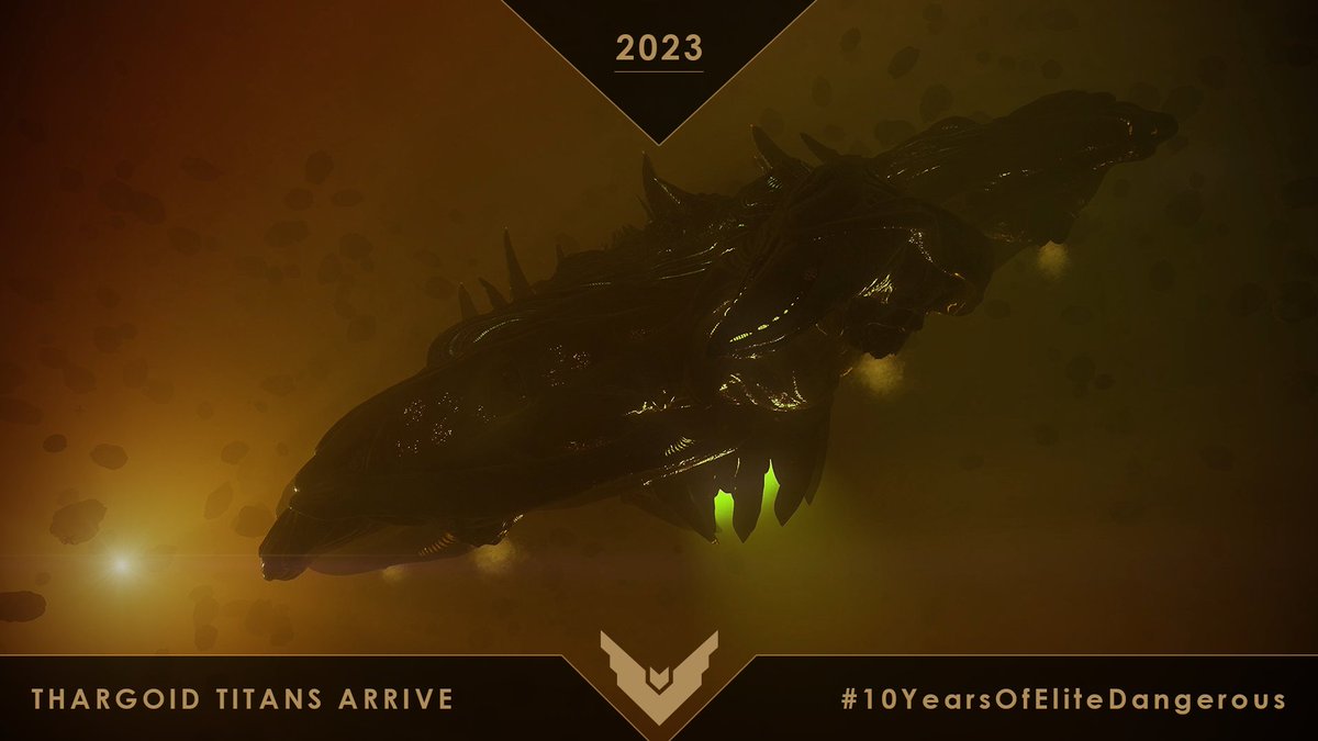 EliteDangerous's tweet photo. In 2023 the stars trembled in terror as nightmares from beyond Witch Space descended upon humanity. The Thargoid Titans had arrived...

#10YearsEliteDangerous https://t.co/GPZGCwHDPC