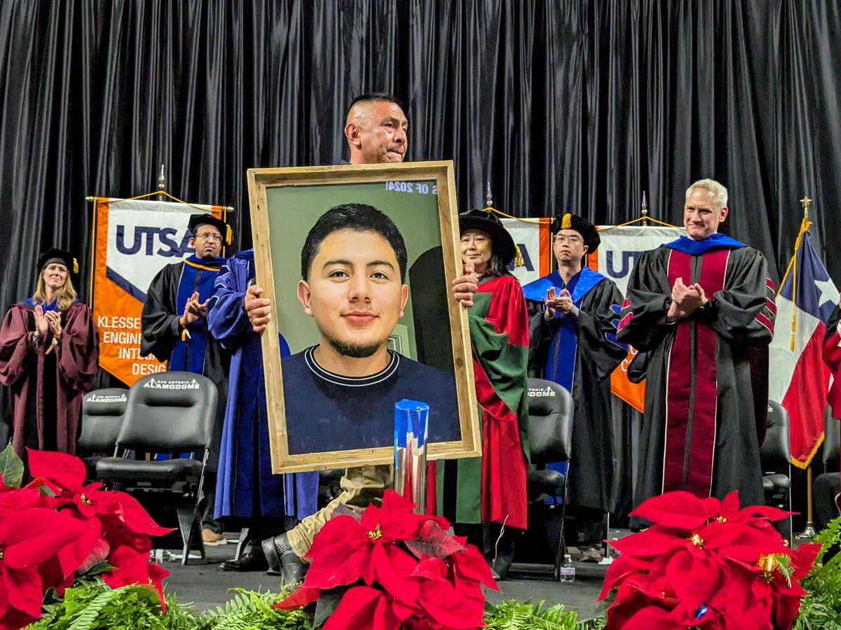 UTSA's tweet image. Edwin Beltran was very close to earning his civil engineering degree when he passed away following a vehicle-pedestrian accident.

Yesterday, 22 of his family members gathered in the Dome to watch Edwin’s father cross the stage.

Now &amp;amp; Forever. ❤️

#UTSA #UTSAGrad24 @UTSA_CEID