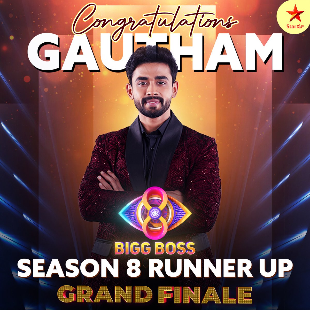 StarMaa's tweet photo. Big Congratulations to Gautham for being the Runner-up in Bigg Boss Telugu 8! 🏆✨ A truly deserving journey! 

#BiggBossTelugu8 #StarMaa @iamnagarjuna  @DisneyPlusHSTel https://t.co/x4DZFS6Oa4