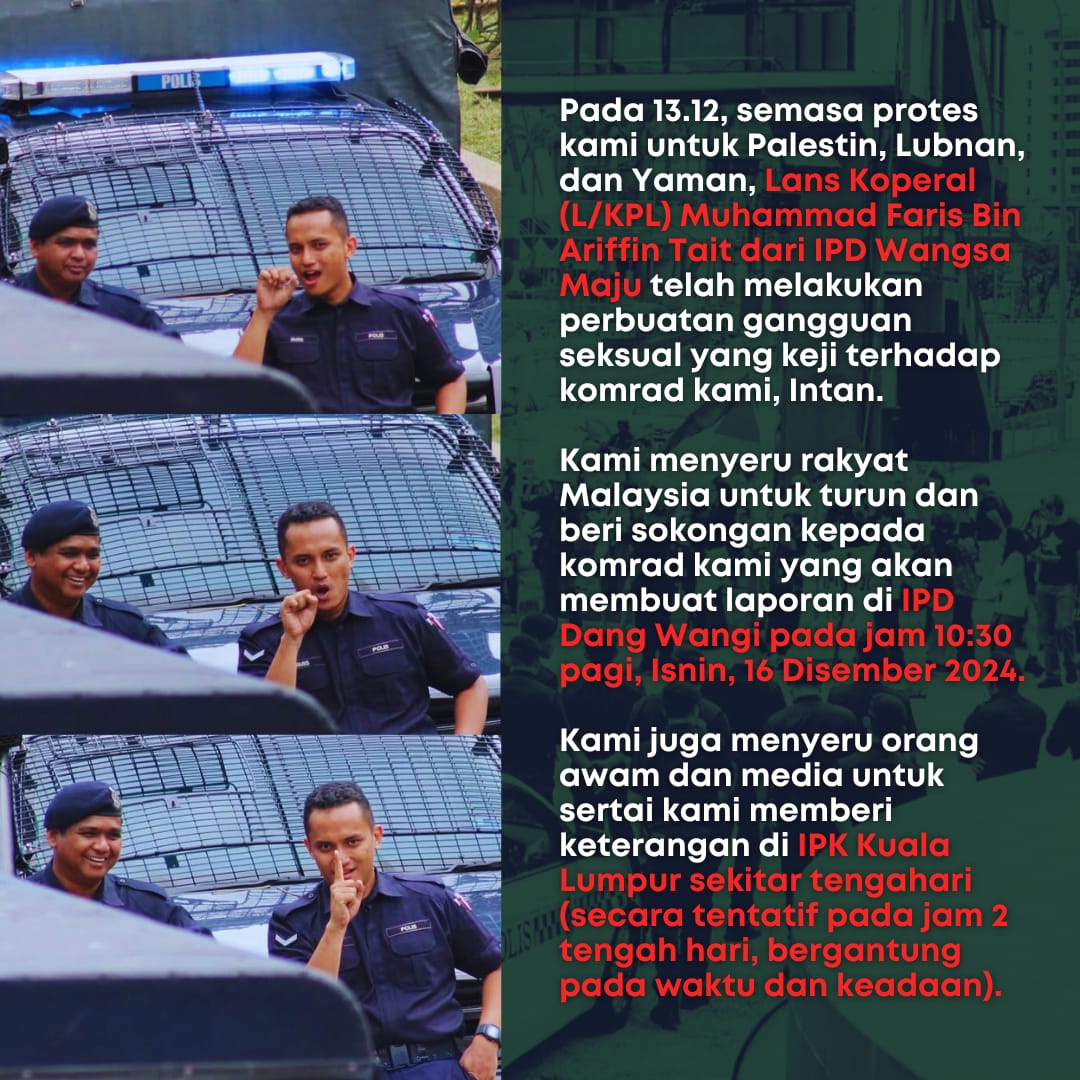 amandaaalouisss's tweet photo. 🚨 TURUN BERSOLIDARITI

Ketika mengambil gambar di protes, komrad Intan telah mengalami gangguan seksual oleh anggota polis dari IPD Wangsa Maju, Lans Korporal Muhammad Faris Bin Ariffin Tait. 

Intan akan membuat laporan pada:

🗓 16 Disember 2024
⏰️ 10:30 AM
📍 IPD Dang Wangi https://t.co/noDYfXkvy7