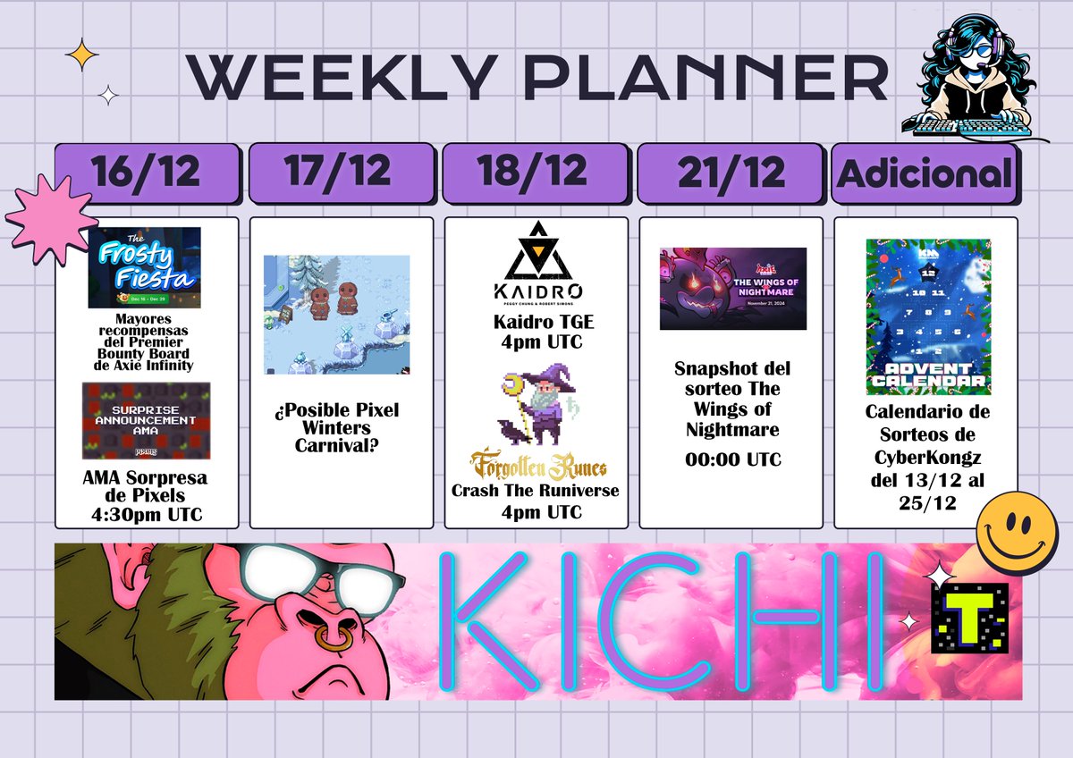 kichivzla's tweet photo. Semana Cargada en @Ronin_Network📅

X2 recompensas Premier Bunty Board @AxieInfinity

AMA y Carnaval en @pixels_online

TGE de @kaidrochronicle

3 dias de juego en @RuniverseGame

Calendario de adviento de @CyberKongz

Snapshoot del sorteo Nightmare con grandes premios!
🥂 https://t.co/ubiPJetFbt