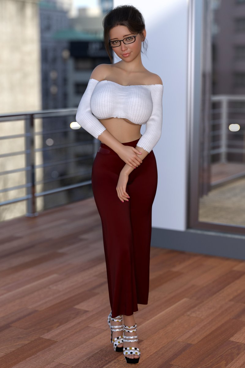#3dx #isaacwildwood3d #nsfw #brunette #slimbusty #glasses #heels #pants #underboob #balcony 
Shy girl