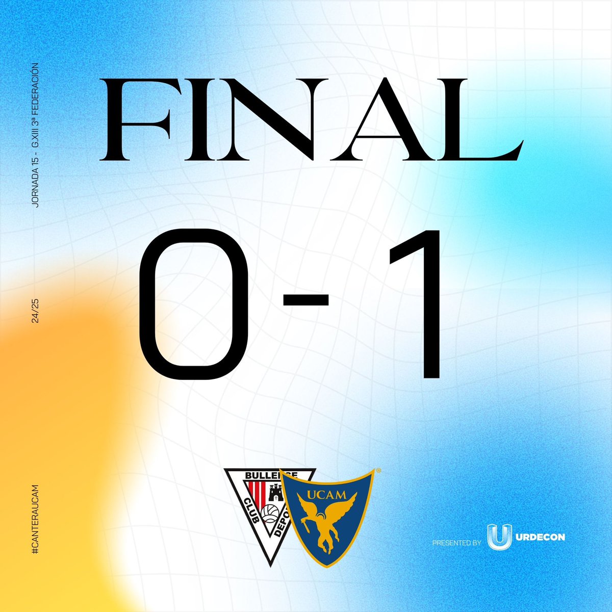 <a href="/PAlburquerque/">Pedro Alburquerque</a> <a href="/Urdecon_/">CONSTRUCCIONES URDECON</a> <a href="/bullense1931/">CLUB DEPORTIVO BULLENSE</a> 𝐅𝐈𝐋𝐈𝐀𝐋 | ¡Finaliza el partido! 

Nuestros chicos suman su tercera victoria consecutiva en Liga tras vencer 0️⃣-1️⃣ al <a href="/bullense1931/">CLUB DEPORTIVO BULLENSE</a>. 

⚽️ El único gol de hoy ha sido obra de Córcoles. 

🏟️ Mpal. Nicolás de las Peñas. 

⭐️ <a href="/Urdecon_/">CONSTRUCCIONES URDECON</a> 

#BullenseUCAMMurcia | #CanteraUCAM