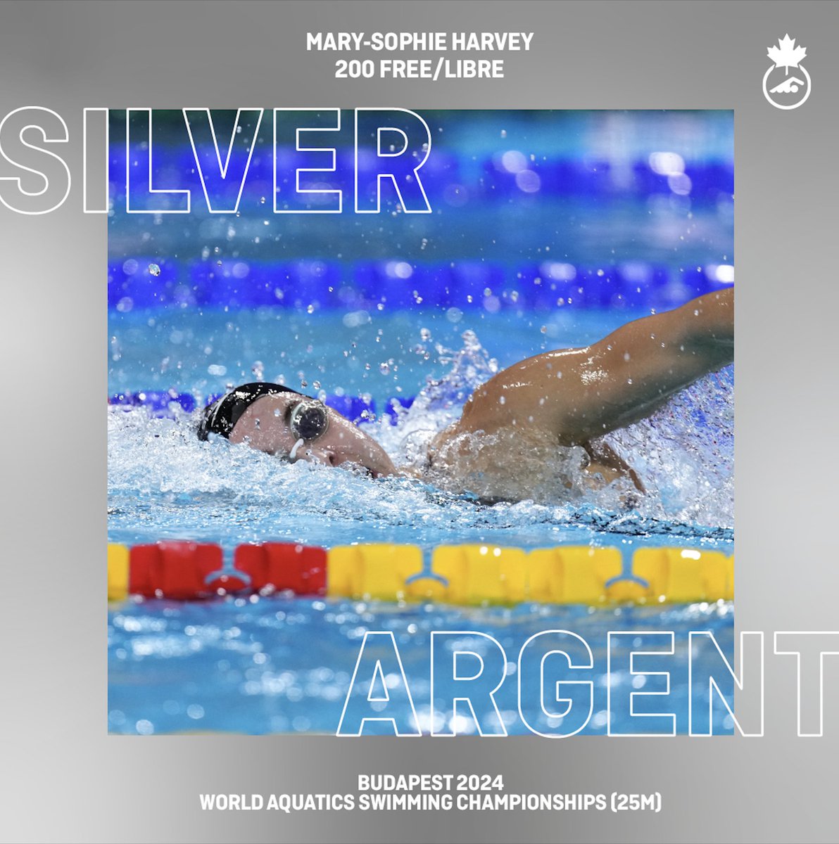 SwimmingCanada's tweet photo. Upgrading from an individual bronze in 400 free to a silver in 200 free! Mary-Sophie wraps up her schedule with silver earning her second world championship medal not only of her career but of the week! https://t.co/FFCxpnlKJ0