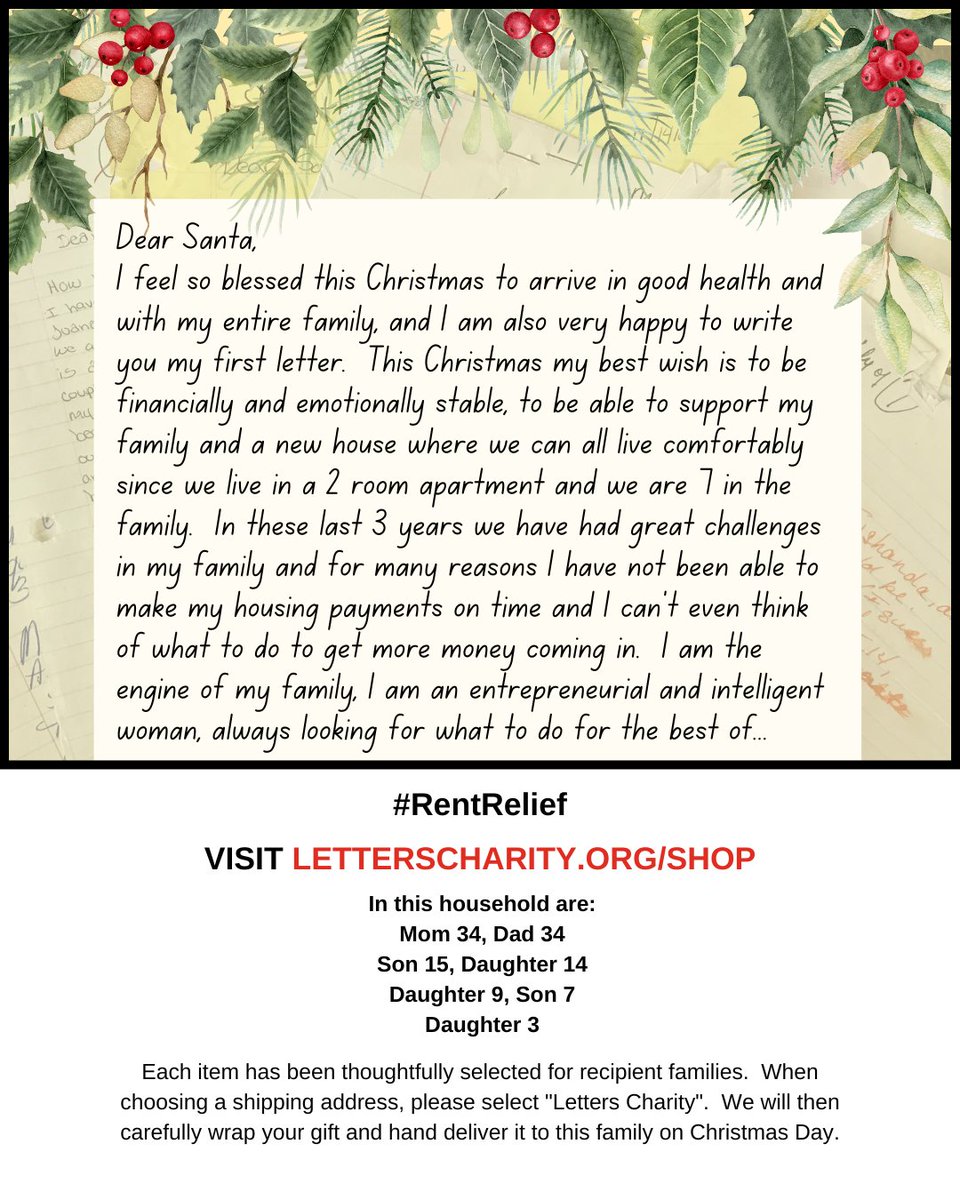 ✨🎁 6 wishlists fulfilled, 9 to go! Can you add an item to your Amazon cart to help a family in need? Like this family of 7 sharing a 2 room apartment? Letterscharity.org/shop 
Do what you can  also, spread the word!
#thankyousantas #letterscharity #adoptafamily #letterstosanta