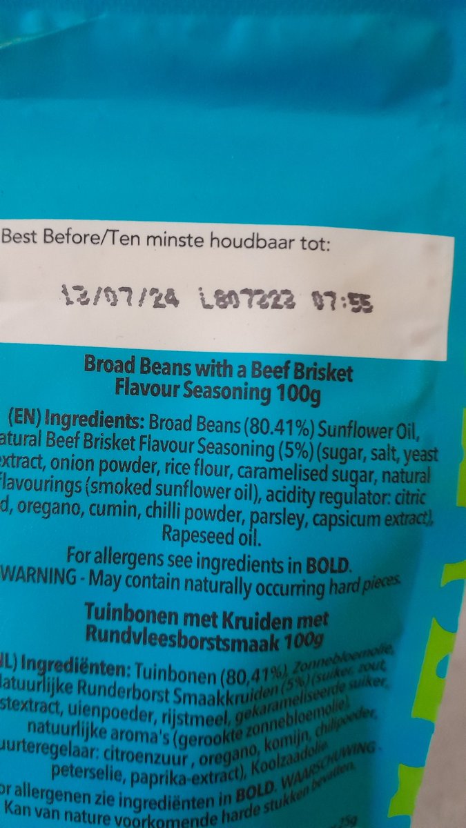 I love <a href="/NoisySnacks/">Noisy Snacks</a> beef-flavour broad beans, but thought this pack I bought on Friday in Craigavon <a href="/Tesco/">Tesco</a> tasted rather stale.
No wonder! Look at the best before date - July 13. I was going to put 'em out for the crows, but they're so old I'd be afraid of attracting dinosaurs!