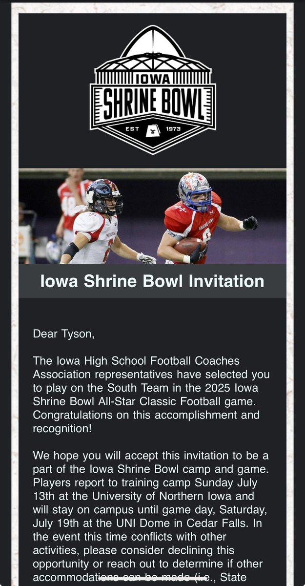 Tyson Barnes (@tyson_barnes6) on Twitter photo Iβm blessed and honored to have been selected to play in the 2025 Iowa Shrine Bowl! I know none of this would be possible without my coaches and teammates. Thankful for the opportunity to represent <a href="/PellaDutchFB/">Pella Dutch Football</a>! Iβm blessed and honored to have been selected to play in the 2025 Iowa Shrine Bowl! I know none of this would be possible without my coaches and teammates. Thankful for the opportunity to represent <a href="/PellaDutchFB/">Pella Dutch Football</a>!