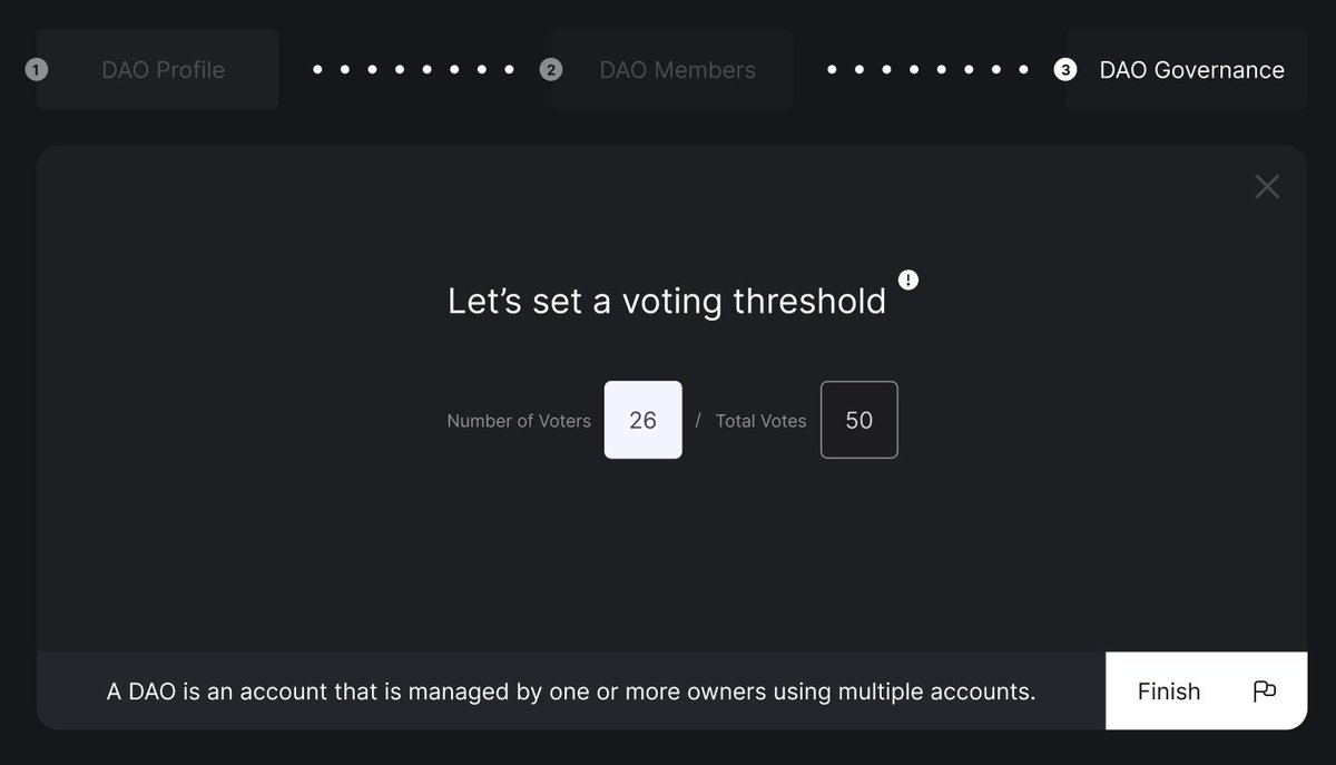 Deploying a DAO in the <a href="/Polkadot/">Polkadot</a> ecosystem is about to get a whole lot easier!

In just 3️⃣ easy steps, users will be able to create a new DAO, onboard its initial members, and set the organization’s voting threshold!

- And smart contracts allow for even further customization! 😎