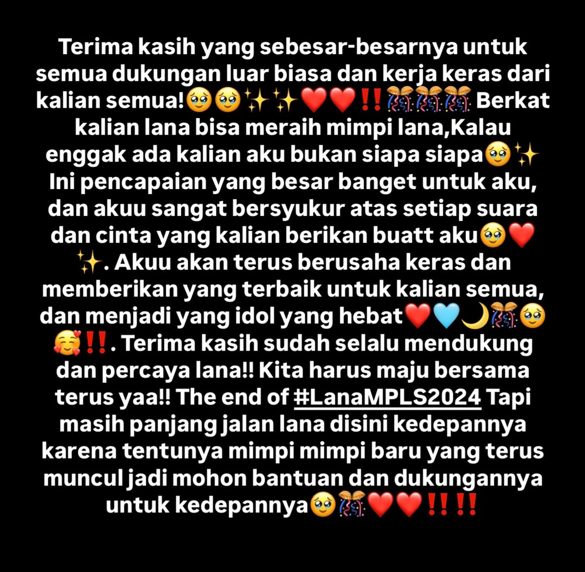 AR_LanaJKT48's tweet photo. TERIMAKASIH ATAS KERJA KERASNYAA!! CINTAKUAT BANGET🥹😭🎊🎊🩵🩵🌙🌙✨✨⛓️⛓️‼️‼️🥰🥰🥹🥹 #LanaMPLS2024 https://t.co/vxylrqGDEJ
