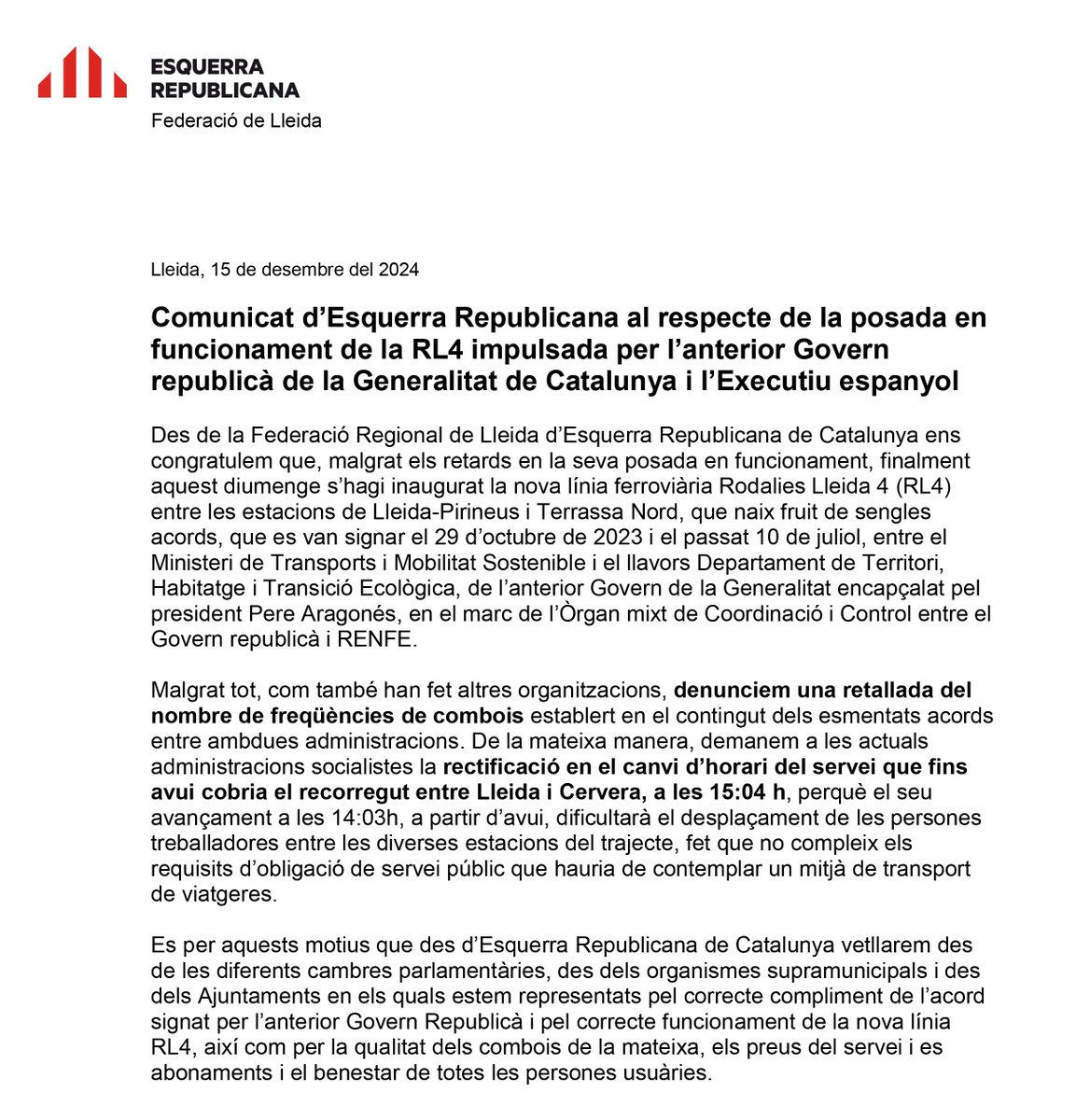 ERCfedLleida's tweet photo. 🗞 Comunicat d’@Esquerra_ERC al respecte de la posada en funcionament de la línia ferroviària 🛤 #RodaliesLleida4 impulsada per l’anterior Govern republicà 🟡 de la Generalitat de Catalunya i l’Executiu espanyol‼

#RL4

[➕ INFO 👇🏼]

https://t.co/RRne6Pqo3V https://t.co/S5ZyJ7aaME