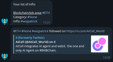 wojPatrick's tweet photo. Athena Whisper bot for Twitter

Ok, I rarely post anyth here. But for info:

I recently updated my Telegram bot that helps keep track of Twitter followings. You add your Influencer to your list, and the bot tells you in less than 15 minutes that he has started following someone. https://t.co/mMQFRD46yZ