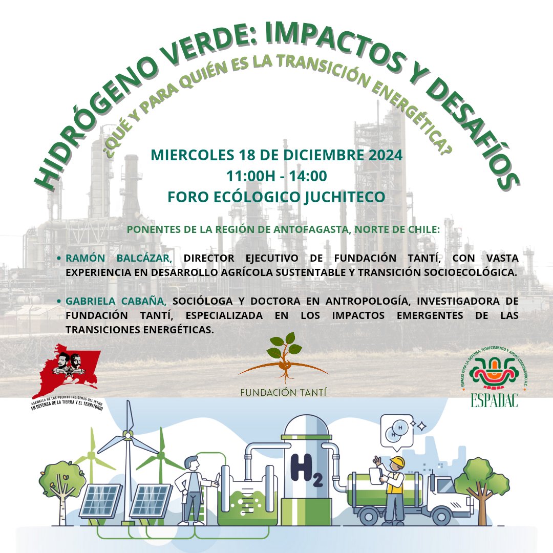 🌍⚡ Hidrógeno Verde: Impactos y Desafíos - ¿Qué y para quién es la transición energética? ⚡️🌍

Facebook:
facebook.com/share/p/19aS9A…

Instagram:
instagram.com/p/DDid12-sFTT/…

Wordpress:
tierrayterritorio.wordpress.com/2024/12/13/for…