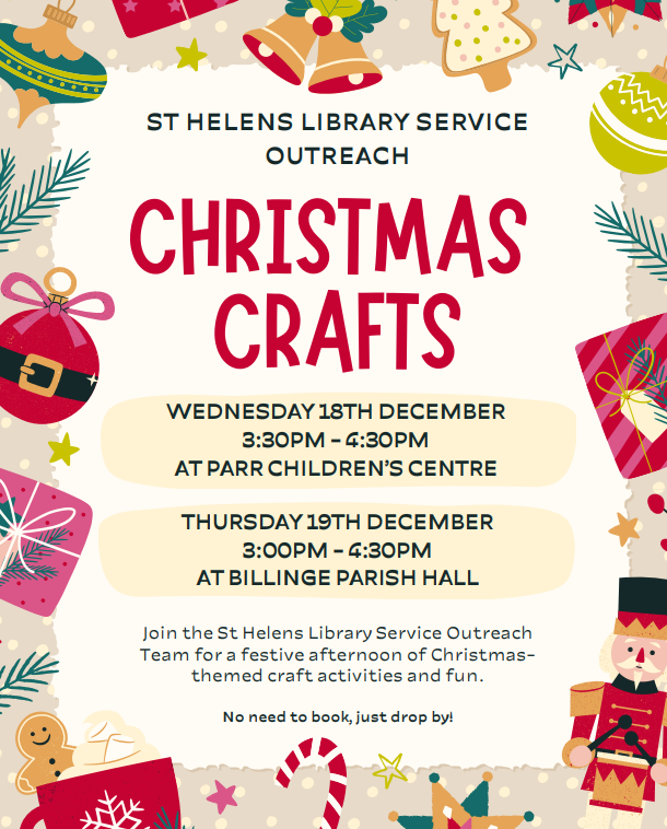 A wonderful Christmas crafts event at Parr Children's Centre on Wednesday at 3:30pm - everyone welcome! @STHLibraries ♥️📚