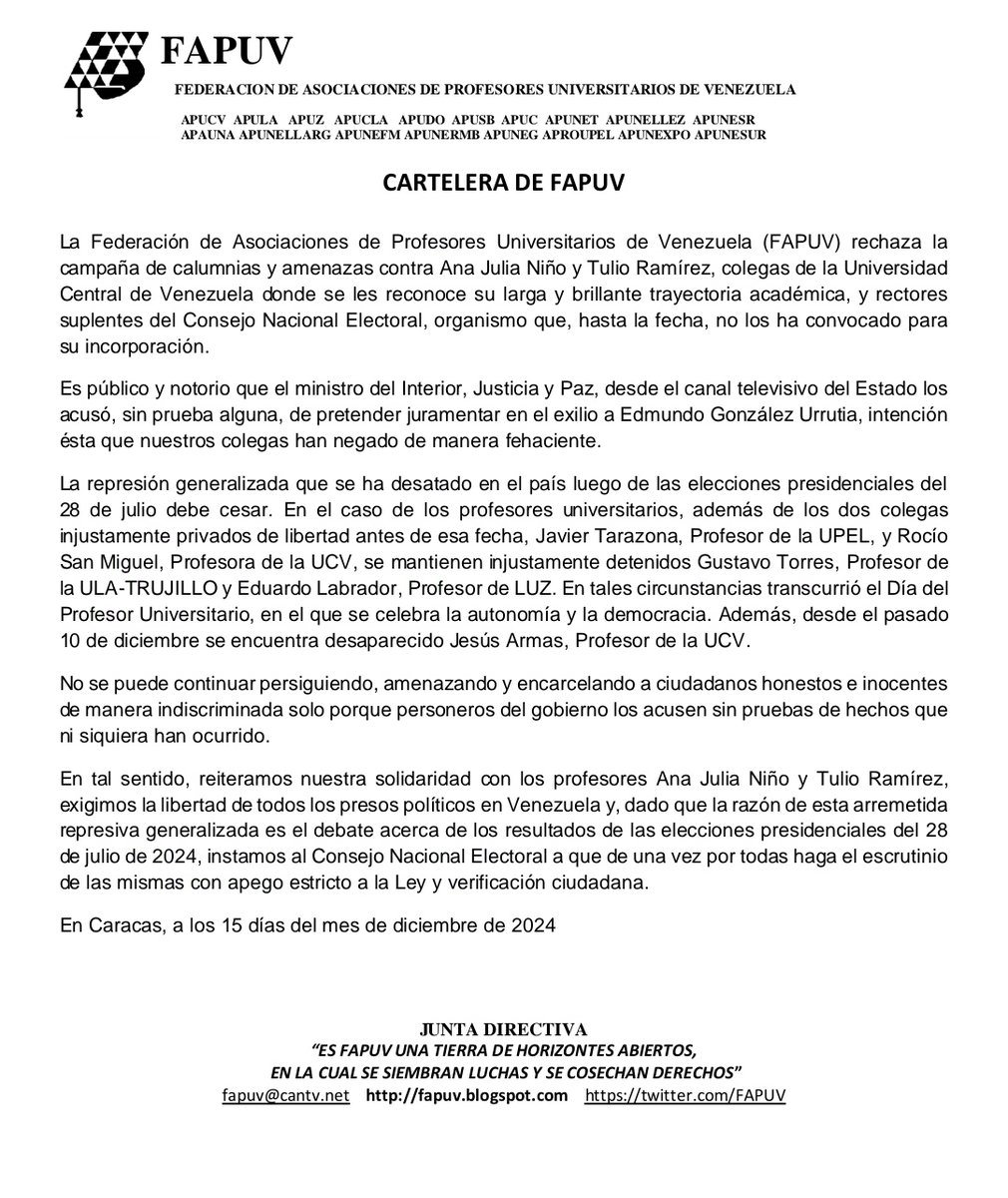 Importante comunicado de la FAPUV en solidaridad con los profesores UCEVISTAS: Tulio Ramírez y Ana Julia Niño

#UCV #Profesores #Venezuela #LiberenALosPresosPoliticos