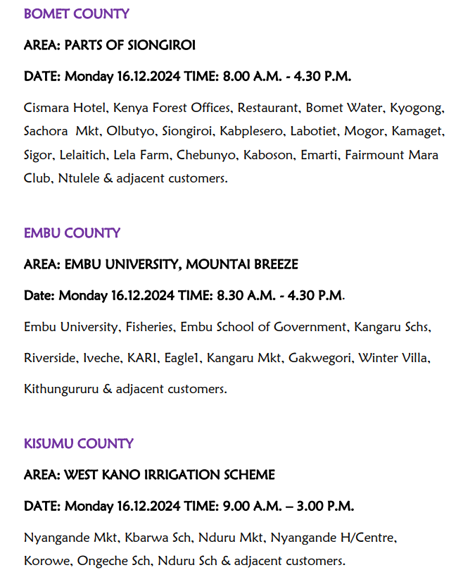 KenyaPower_Care's tweet photo. Good evening our esteemed customers, the following areas are scheduled for power interruption dated tomorrow (16/12/2024).^MK. https://t.co/i89TT5noQd