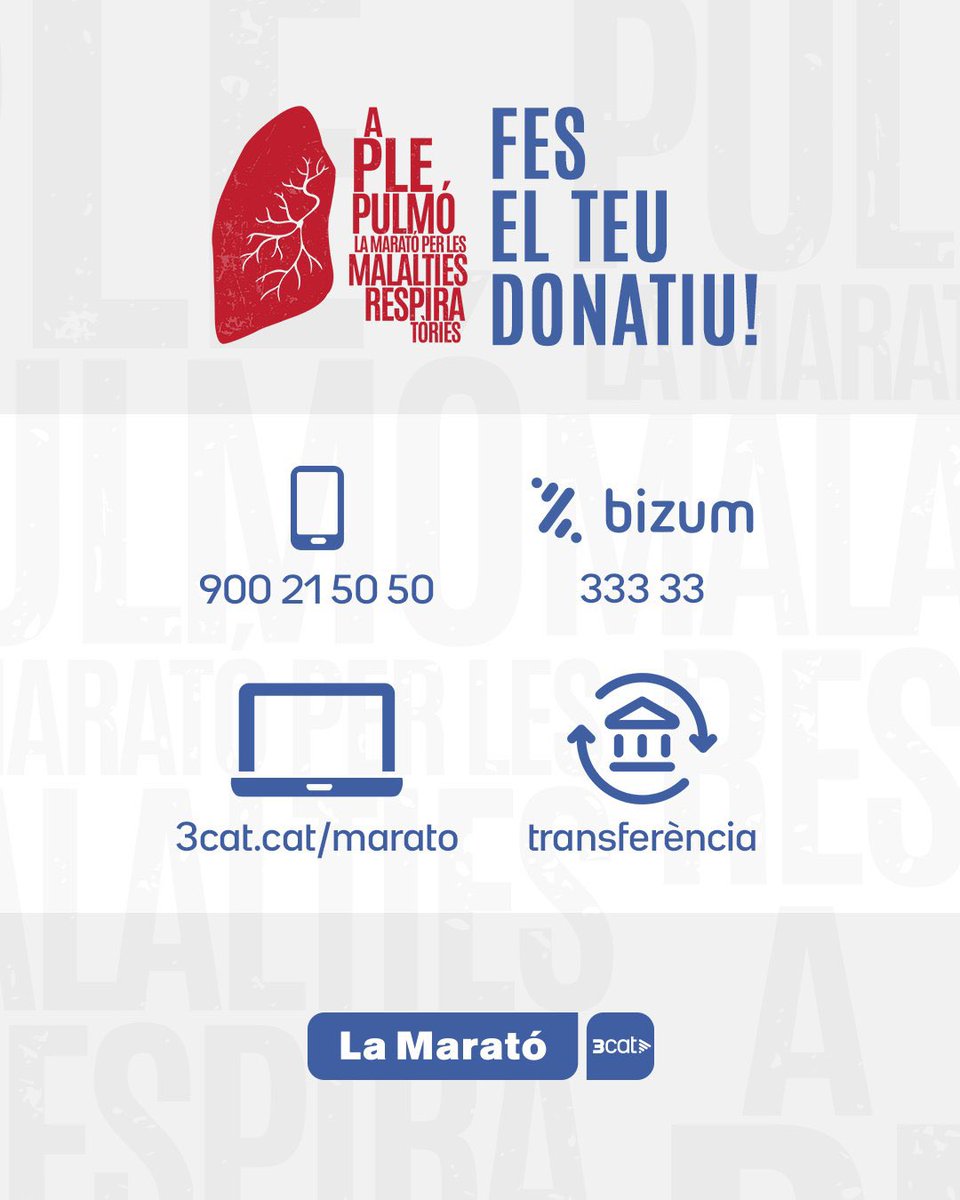 💪 Encara hi ets a temps! 📲 Truca al 900 21 50 50 o fes el teu donatiu al web: 3cat.cat/tv3/marato/don…

La teva aportació dona aire a les persones amb malalties respiratòries!

A ple pulmó 🫁 #LaMarató3Cat