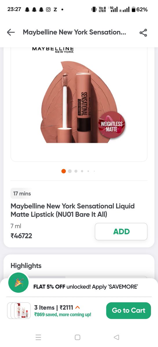 tanG232's tweet photo. Lipstick listed for 46722 Inr. @SwiggyInstamart https://t.co/MLMFON5t4R