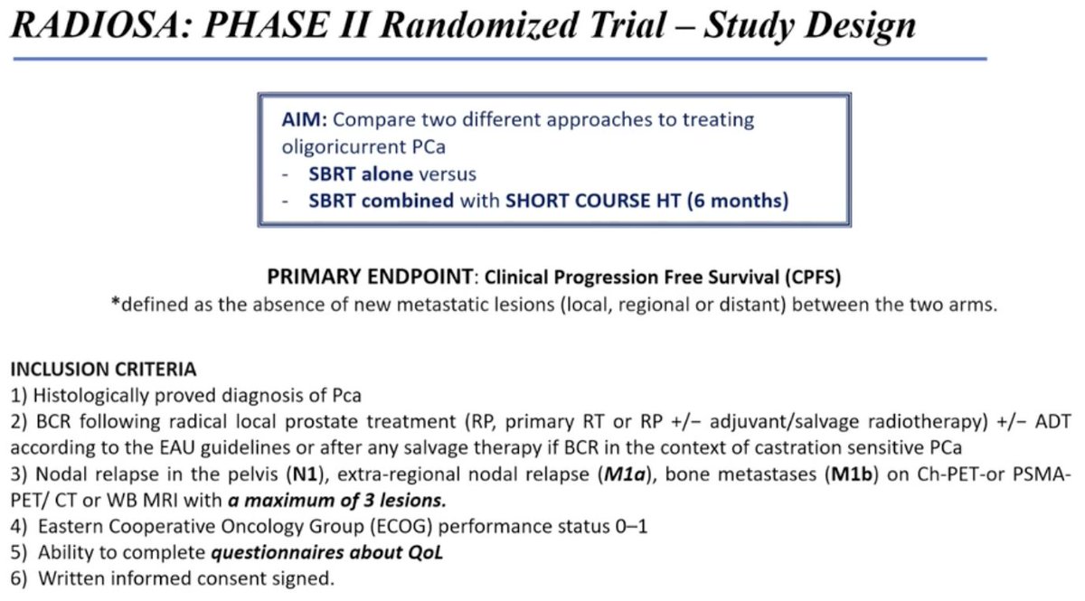 urotoday's tweet photo. #RADIOSA Trial: SBRT vs SBRT+ADT for oligorecurrent #ProstateCancer. @GiuliaMarvaso84 shares findings from the RADIOSA trial, comparing SBRT alone vs. SBRT + short-course hormonal therapy in oligorecurrent #PCa. Results show enhanced biochemical and clinical progression-free survival with the combination, though select patients may still benefit from SBRT alone. Future analyses will explore QoL and molecular data to refine patient selection. #WatchNow > https://t.co/vZjbU5Y8g2 @zklaassen_md