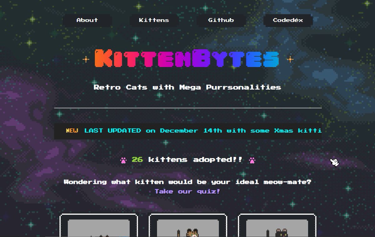 martavilaseca's tweet photo. It's been an intense year. I missed doing something for fun, so I took part in the @codedex_io retro Holiday Hackaton✨ 
Remember virtual pet adoption &amp; quizzes of the late 90s, early 00s web? Meet KittenBytes! 💗 

Live Demo: https://t.co/YHOdvBKOjw
Code: https://t.co/MoKQaM436L https://t.co/7KSqAQousx