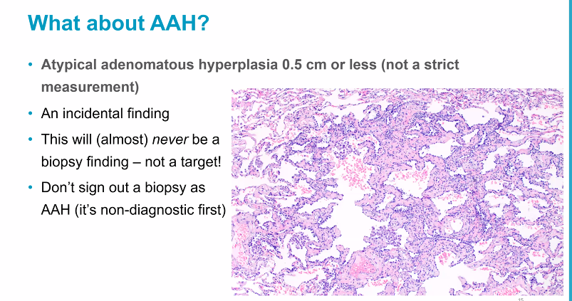 Janiranavarro's tweet photo. #JobPrepBootcamp #LungPath Dr. Butt
Atypical adenomatous hyperplasia (AAH)
-This will (almost) never be a biopsy finding-not a target
-Do not use this terminology in biopsies
#CAP #pathology #pathologists #pathresidents #pathfellows #PathTwitter #PathX https://t.co/PzJKvNXuSm