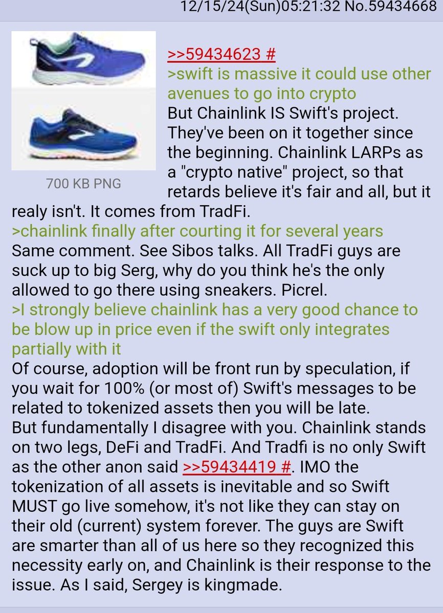 $Link i remember one of the key points that sold me on chainlink was something I read on an old 4chan thread from 2018 ish. It was about this technicological shift happening in finance, and once 1 made the jump all the others would have to otherwise they would be left obsolete.