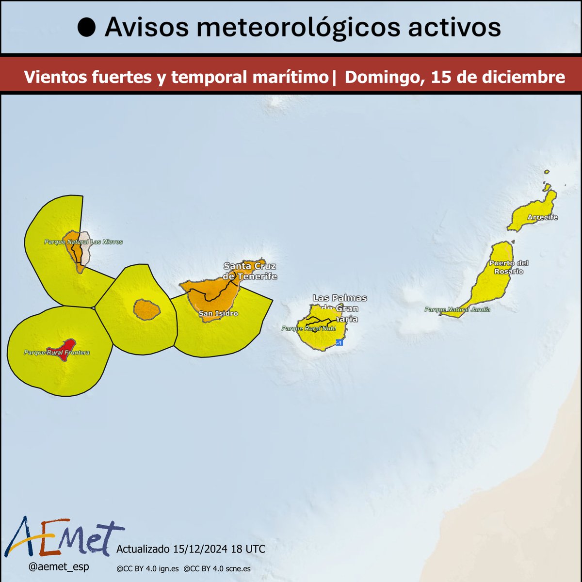 AEMET_Esp's tweet photo. ⚠️AVISO ROJO | Isla de El Hierro.

→ Se han observado rachas de viento superiores a 130 km/h, que pueden repetirse en las próximas horas. ¡Precaución! ¡El peligro es extremo!

En el resto de islas occidentales podrán registrarse también rachas huracanadas: peligro importante. https://t.co/6yHJjlWZOL