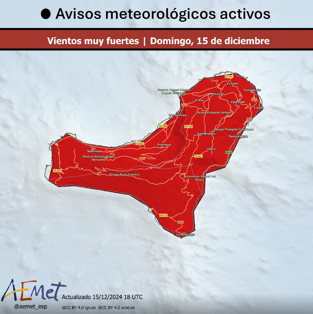 AEMET_Esp's tweet photo. ⚠️AVISO ROJO | Isla de El Hierro.

→ Se han observado rachas de viento superiores a 130 km/h, que pueden repetirse en las próximas horas. ¡Precaución! ¡El peligro es extremo!

En el resto de islas occidentales podrán registrarse también rachas huracanadas: peligro importante. https://t.co/6yHJjlWZOL