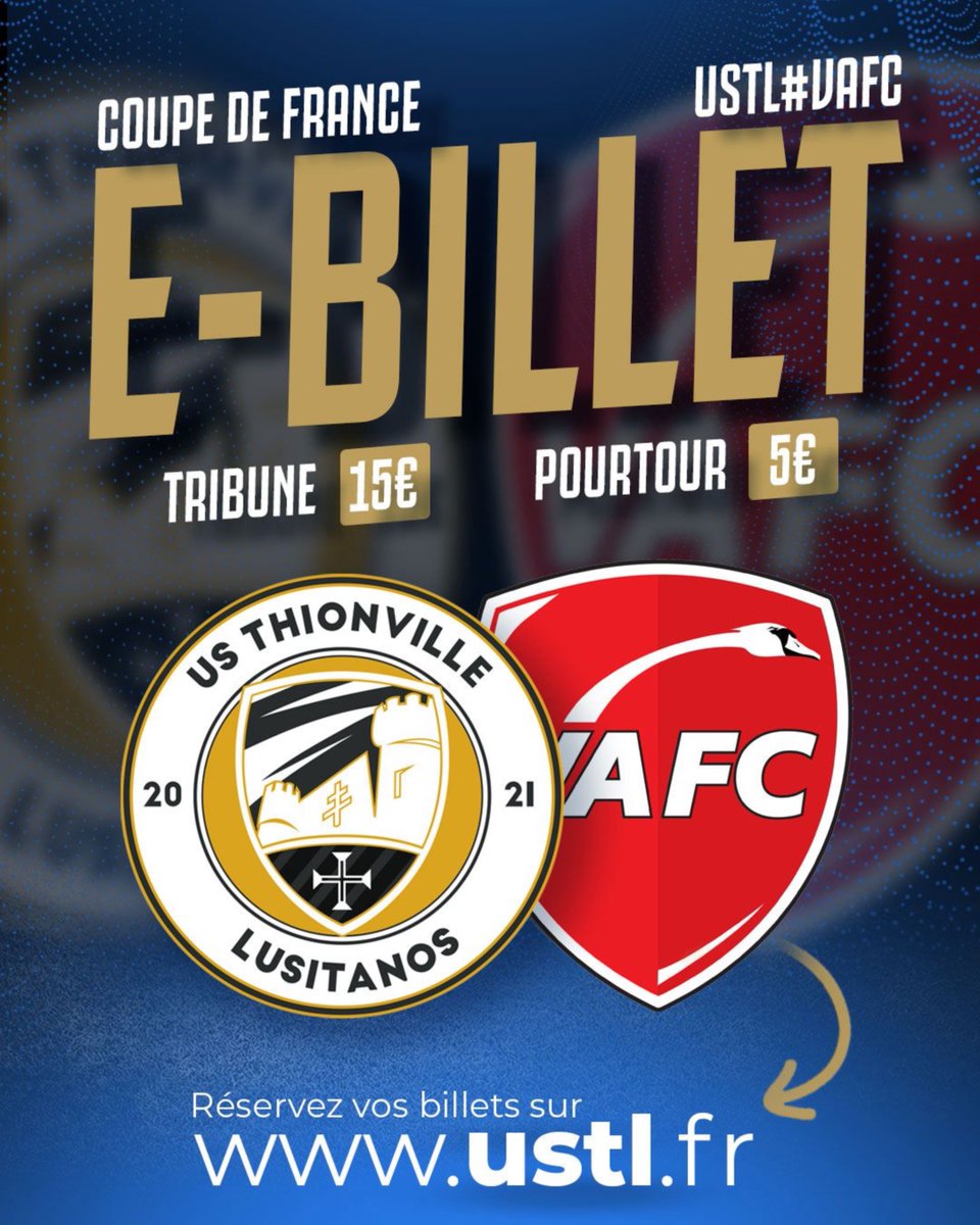 US Thionville Lusitanos (@ustlofficiel) on Twitter photo ๐พ๐ค๐ช๐ฅ๐ ๐๐ ๐๐ง๐๐ฃ๐๐ - ๐ฝ๐๐ก๐ก๐๐ฉ๐ฉ๐๐ง๐๐
๐จ Derniรจres places disponibles !
๐ซ Il est encore de temps de rรฉserver votre prรฉcieux sรฉsame pour pouvoir assister au 32e de finale de la <a href="/coupedefrance/">Coupe de France</a> entre l'USTL et le <a href="/VAFC/">Valenciennes FC ๐ฆข</a>
โก๏ธ Pour รงa rien de plus simple, il suffit ๐พ๐ค๐ช๐ฅ๐ ๐๐ ๐๐ง๐๐ฃ๐๐ - ๐ฝ๐๐ก๐ก๐๐ฉ๐ฉ๐๐ง๐๐
๐จ Derniรจres places disponibles !
๐ซ Il est encore de temps de rรฉserver votre prรฉcieux sรฉsame pour pouvoir assister au 32e de finale de la <a href="/coupedefrance/">Coupe de France</a> entre l'USTL et le <a href="/VAFC/">Valenciennes FC ๐ฆข</a>
โก๏ธ Pour รงa rien de plus simple, il suffit