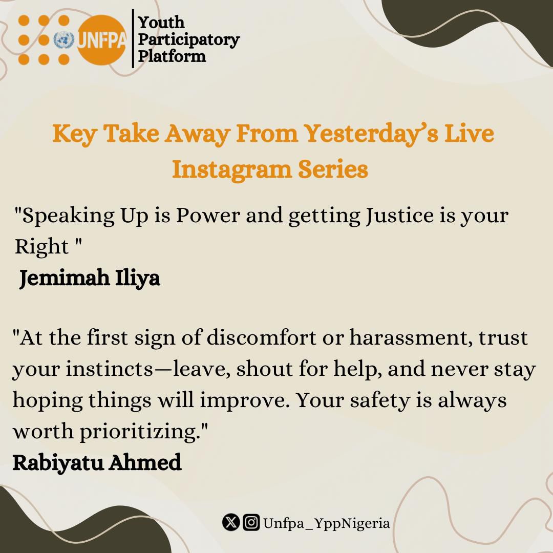 Speaking up is power and getting justice is your right! 

Your voice matters, your safety is paramount, and justice is your right. 

Let's continue to stand against harassment and empower each other to speak out!

@Unfpa_YppNigeria
#PowerUpforEquality