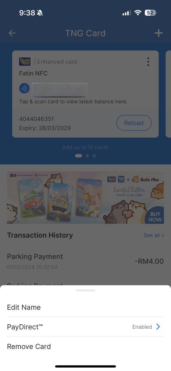 faaminho's tweet photo. @pja_chan TNG app homepage > click on TNG Card > find 3 dots on that card details, tekan > menu will pop up at the bottom, can see PayDirect currently set to enabled, so just disable it sis https://t.co/x5qShVXUHe