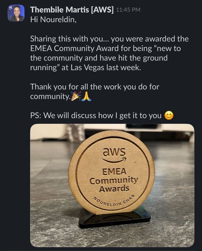 Nouureldin_Ehab's tweet image. 🎉 Exciting News!

I&apos;m incredibly honored to have received the EMEA Community Award at AWS re:Invent in Las Vegas 🚀

Special thanks to all my mentors!

So excited about what I have planned for 2025 🙌

#AWSCommunity #AWSreInvent #CommunityAward #Security