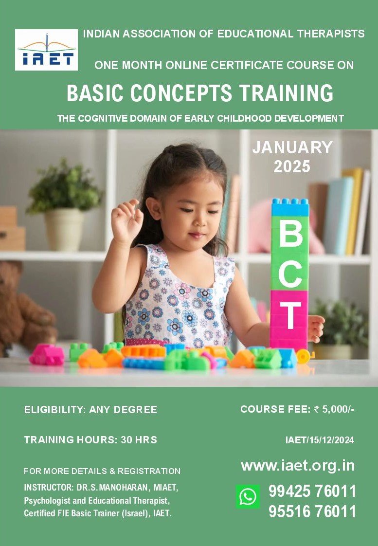 IAETonline's tweet photo. Basic Concepts Training (BCT) Course by IAET. For more details and registration Contact on WhatsApp 9942576011. Mobile Phone Numbers: 9551676011 & 9551076011. #earlychildhooddevelopment #basicconceptstraining #EducationalTherapy #cognitiveeducation #basicconcepts #iaet https://t.co/y9C4dKc8Wt