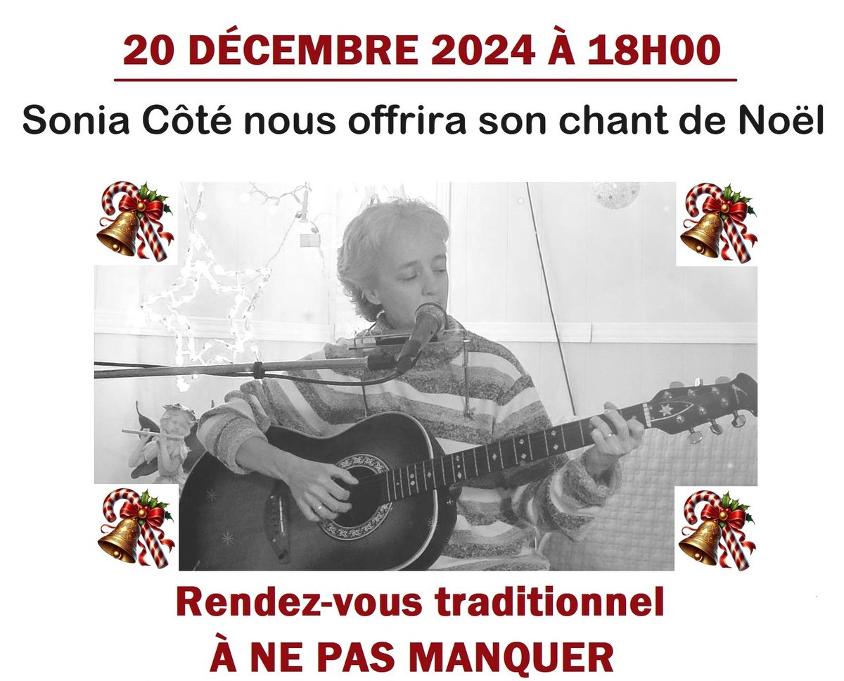 20 DÉCEMBRE À 18h00 ! Notre coordonnatrice, <a href="/Sonia_Cote/">Sonia Côté</a>, nous offrira en cadeau, sa traditionnelle chanson de Noël !!!  Un rendez-vous à ne pas manquer !