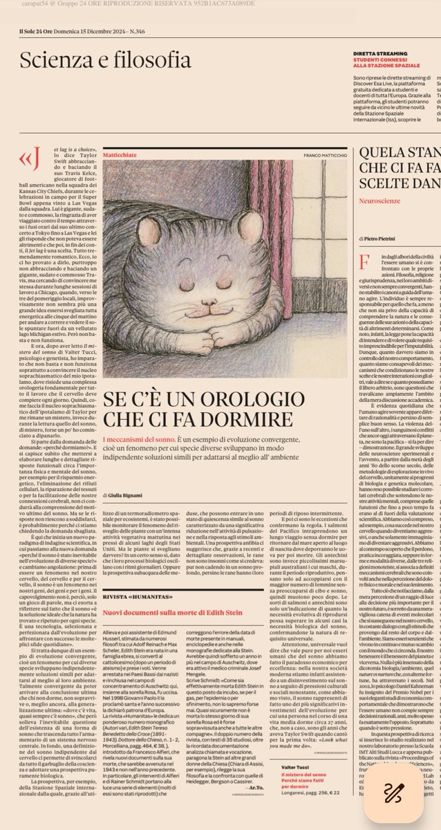 Jbigname1's tweet photo. Non ho la fortuna di avere il nucleo soprachiasmatico di Taylor Swift o di poter abbracciare e baciare un gigante, sudato e commosso Travis Kelce, ma comunque la mia recensione al libro di Valter Tucci "Il mistero del sonno" @LibriLonganesi è uscita oggi sulla Domenica @sole24ore https://t.co/JrW4VO7Ajt