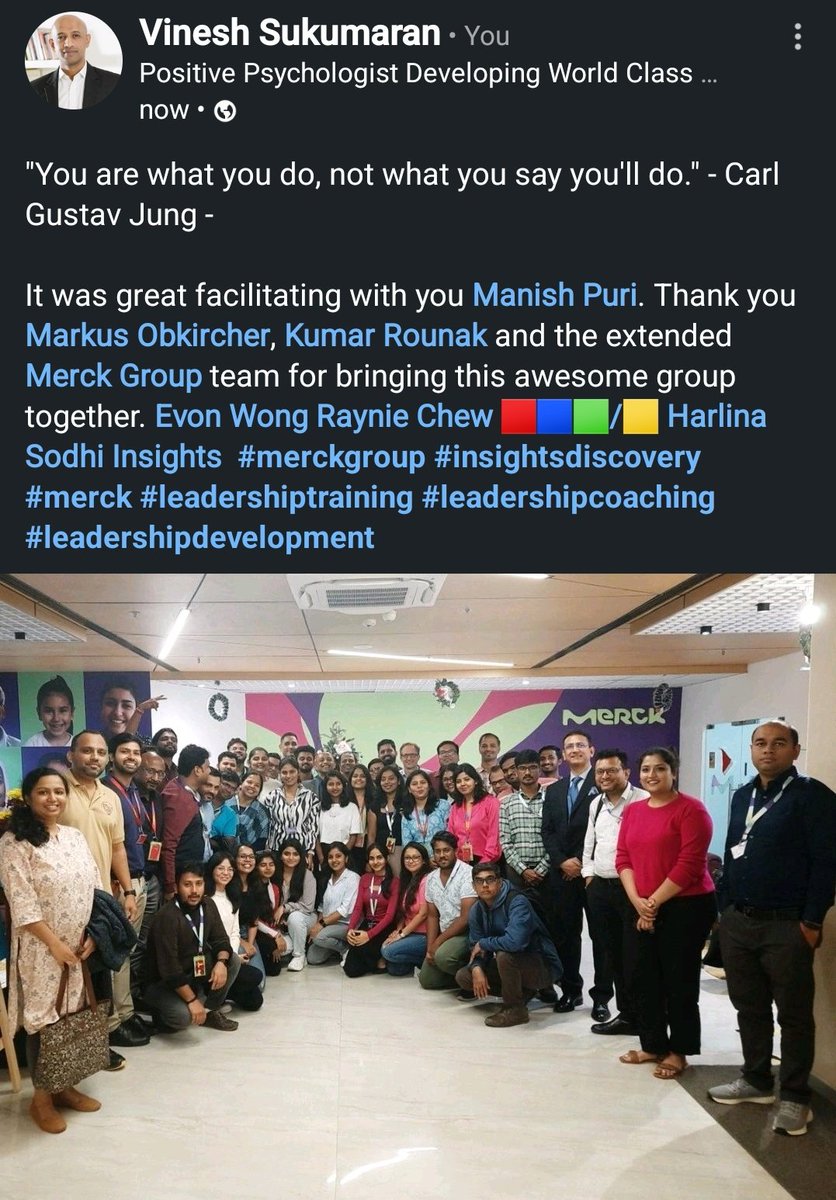 Vinesh Sukumaran (@vinsukumaran) on Twitter photo "You are what you do, not what you say you'll do." - Carl Gustav Jung -
It was great facilitating with you <a href="/manishpuri5670/">Manish Puri</a> <a href="/MerckIndia/">Merck India</a> <a href="/Insights/">Insights</a> #merckgroup #insightsdiscovery #merck #leadershiptraining #leadershipcoaching #leadershipdevelopment "You are what you do, not what you say you'll do." - Carl Gustav Jung -
It was great facilitating with you <a href="/manishpuri5670/">Manish Puri</a> <a href="/MerckIndia/">Merck India</a> <a href="/Insights/">Insights</a> #merckgroup #insightsdiscovery #merck #leadershiptraining #leadershipcoaching #leadershipdevelopment