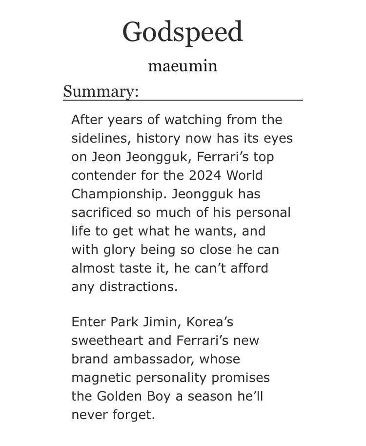 maeumin's tweet photo. ⋆.˚✮ GODSPEED ✮˚.⋆ 

 ✮ jikook | E | 9 chapters. 
 ✮ F1 driver JK, idol JM.
 ✮ secret relationship, insane amounts of flirting, hurt/comfort.
for @jkksportsrfest 

«Now the real race begins.»

🔗 https://t.co/q9eo71Ajcw https://t.co/3ZfxMOVIAF