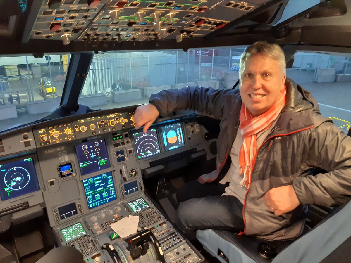 Flight delayed by two hours because a replacement First Officer was required. Every cloud has a silver lining though &amp; the Captain allowed me to sit in the A320 cockpit &amp; spent considerable time explaining the screens, dials, controls &amp; answering my questions. 
#chuffedtobits