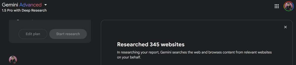 marouane53's tweet photo. The most impressive AI feature this week is not what OpenAI announced. 
It is Gemini with Deep Research.
I asked it to do market research on a topic I am interested in, and it analyzed 345 websites to create an amazing report. 
It was so complete and detailed that it would have taken me days to do the same thing on my own.
Absolutely incredible.