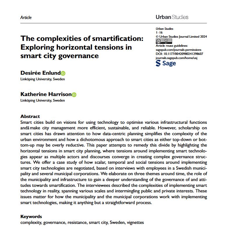 USJ_online's tweet image. New #OpenAccess article by Desirée Enlund and Katherine Harrison: The complexities of smartification: exploring horizontal tensions in smart city governance
ow.ly/8OAs50UqGo9
#SmartCities #complexity #Sweden