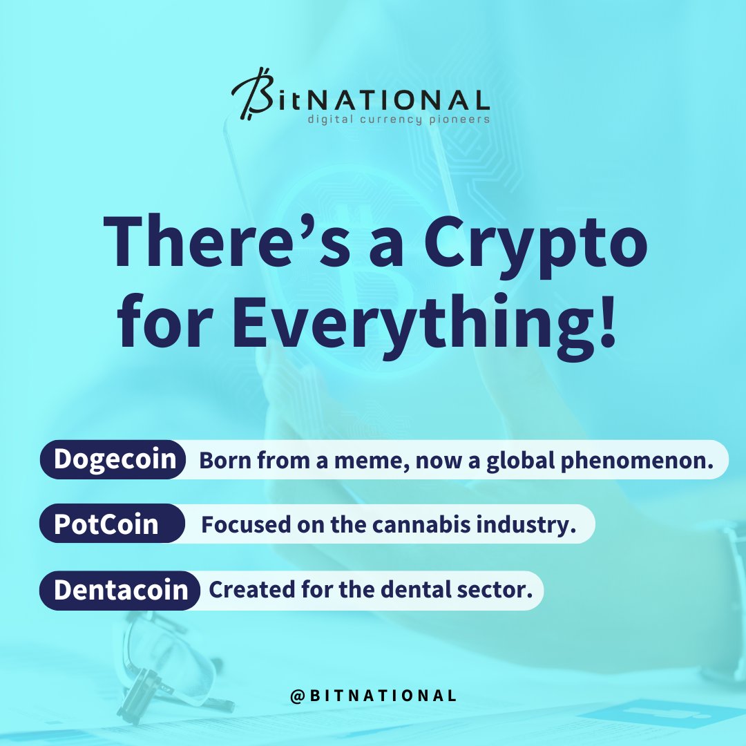 BitNational's tweet photo. Have you come across any unique or surprising cryptocurrencies?
𝘚𝘩𝘢𝘳𝘦 𝘵𝘩𝘦𝘮 𝘪𝘯 𝘵𝘩𝘦 𝘤𝘰𝘮𝘮𝘦𝘯𝘵𝘴 – 𝘸𝘦’𝘥 𝘭𝘰𝘷𝘦 𝘵𝘰 𝘩𝘦𝘢𝘳 𝘺𝘰𝘶𝘳 𝘧𝘢𝘷𝘰𝘳𝘪𝘵𝘦𝘴!
#dogecoin #potcoin #dentacoin #cryptocurrency https://t.co/NbOywrBZXd