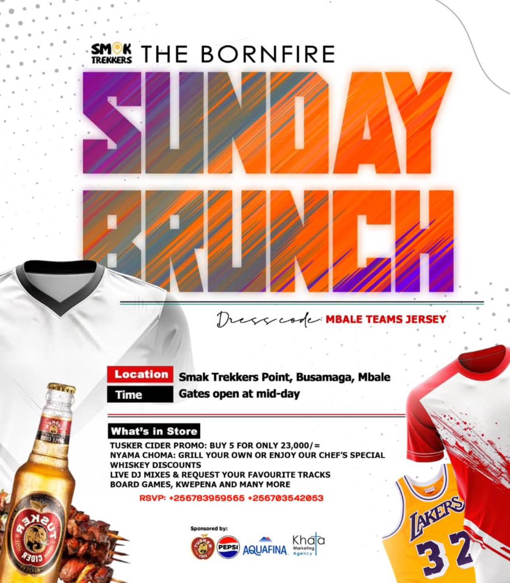 Mc khata (@mckhataug) on Twitter photo Grab Your Self Any MBALE TEAMS’ Jersey And Join Us <a href="/smaktrekkers/">Smak Trekkers Point Mbale</a> This Afternoon it’s #TheSundayBornfireSundayBrunch | bornfire, live deejay mixes, board games, kwepena, and much more | See You Grab Your Self Any MBALE TEAMS’ Jersey And Join Us <a href="/smaktrekkers/">Smak Trekkers Point Mbale</a> This Afternoon it’s #TheSundayBornfireSundayBrunch | bornfire, live deejay mixes, board games, kwepena, and much more | See You