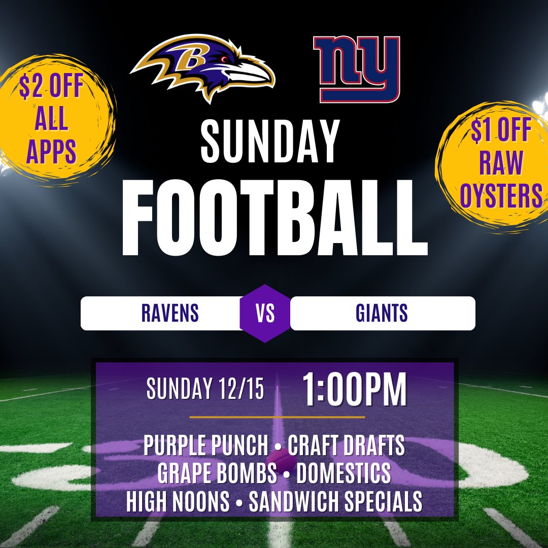 PappasCrabCakes's tweet photo. RAVENS FOOTBALL IS BACK! A late bye week for our Ravens, but we're back and ready to take on the NY Giants! 💜🏈📺🔥 Enjoy delicious food &amp; drink specials while cheering on the flock.  🍔🍻 Your seat, your team, your GAMEDAY — let’s do this! 💪 https://t.co/q6ydPCjN7M
