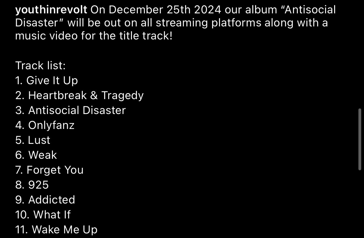 ニュージャージーのポストハードコア/ポップパンク”Youth In Revolt”が今月末12/25にアルバムを出す様子。