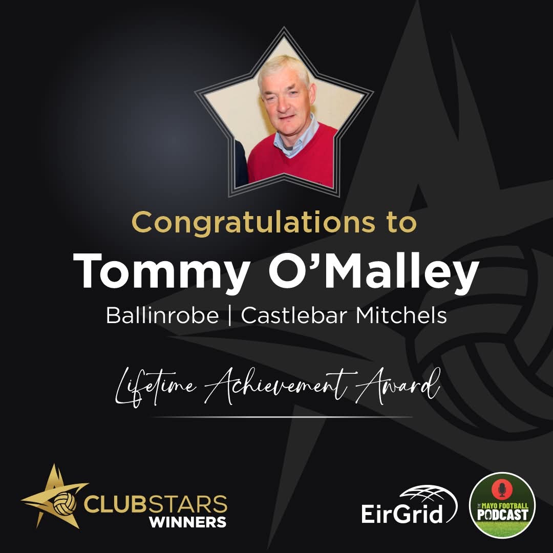 Congratulations to Tommy O'Malley on his Lifetime Achievement Award at The Mayo Football Podcast Awards. Tommy enjoyed a successful career as a player, mentor and manager with Ballinrobe GAA, Ballintubber GAA and Castlebar over many years. He also represented Mayo at all levels