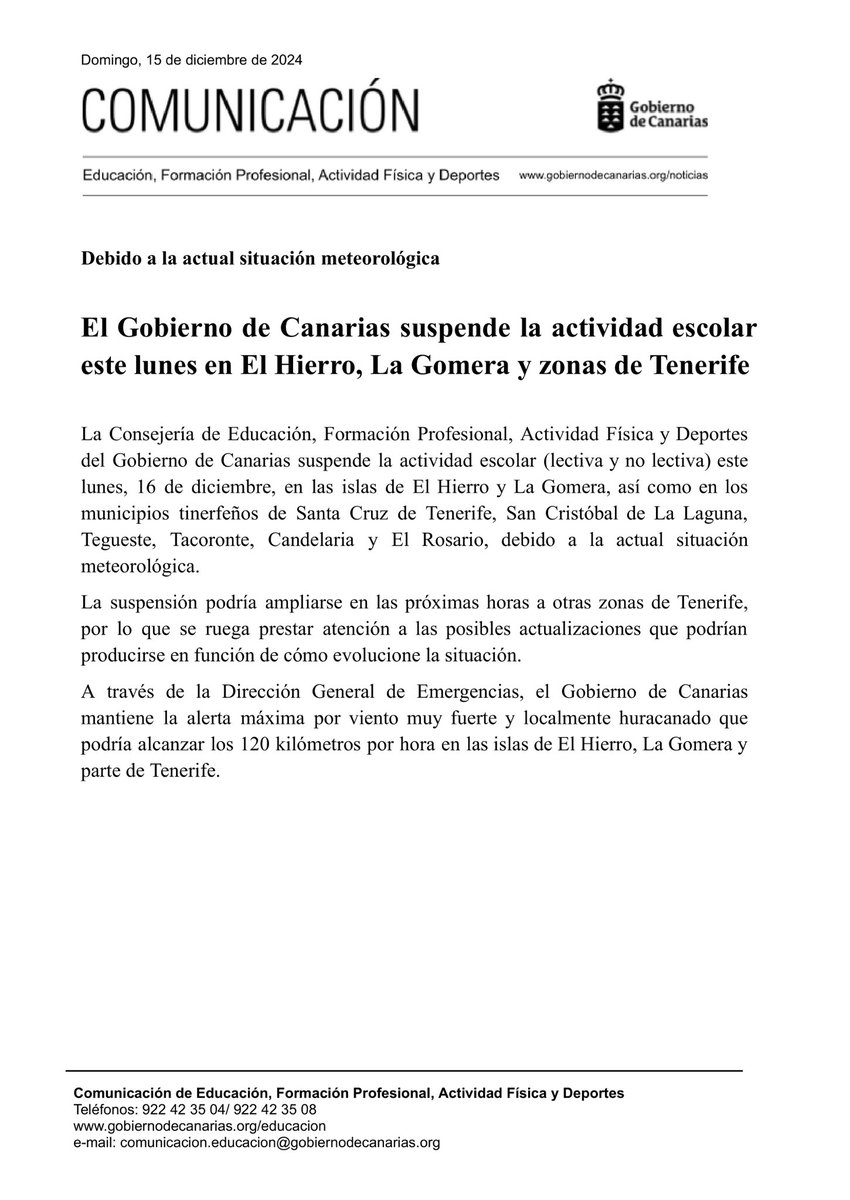 ⚠️🏫 Confirmamos la suspensión de las clases de mañana lunes, 16 de diciembre, por alerta máxima de viento por parte de <a href="/EducacionGobC/">Educación Gobcan</a>.