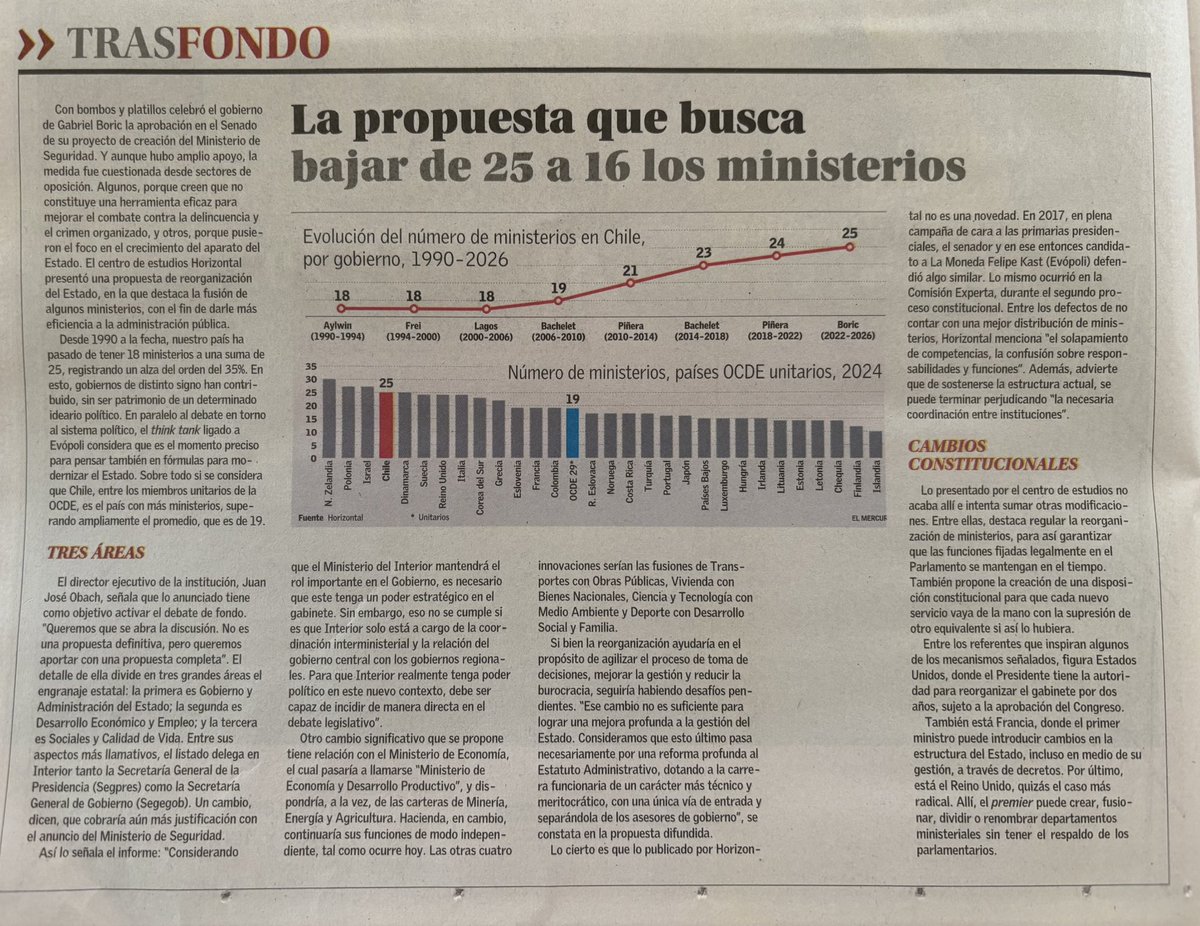 jjobach's tweet photo. Desde la vuelta a la democracia pasamos de 18 a 25 ministerios (+39%). Es tiempo de repensar la estructura de ministerios y bajar su número para mejorar coordinación estatal. 

Aquí una propuesta de @horizontalchile publicada hoy en @ElMercurio_cl https://t.co/nN3ZFeLLjD