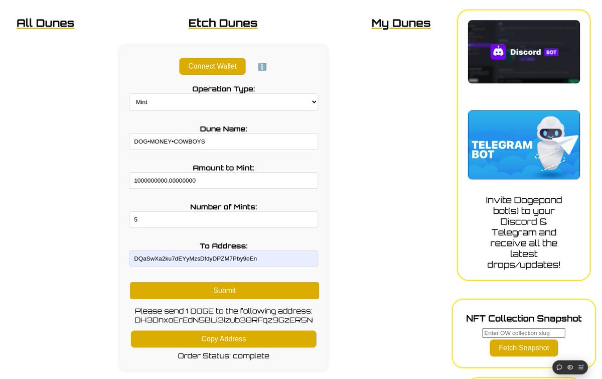 Gm doginals!! Our dunes etcher is back online after our node went down from the hack . Get out there and etch some dunes!! 🏜️🦆